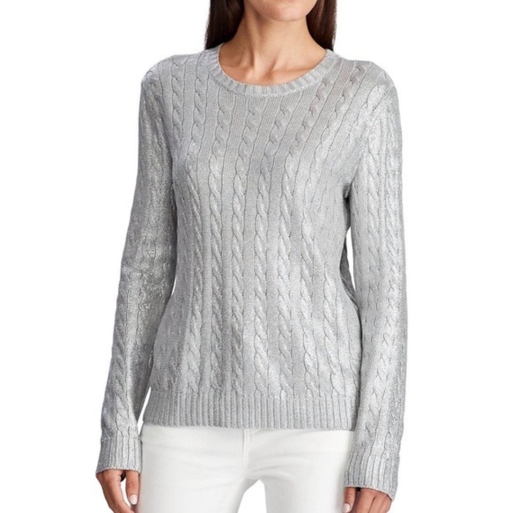 Ralph Lauren Black Label Metallic Cable-Knit Crewneck Pullover Sweater Large